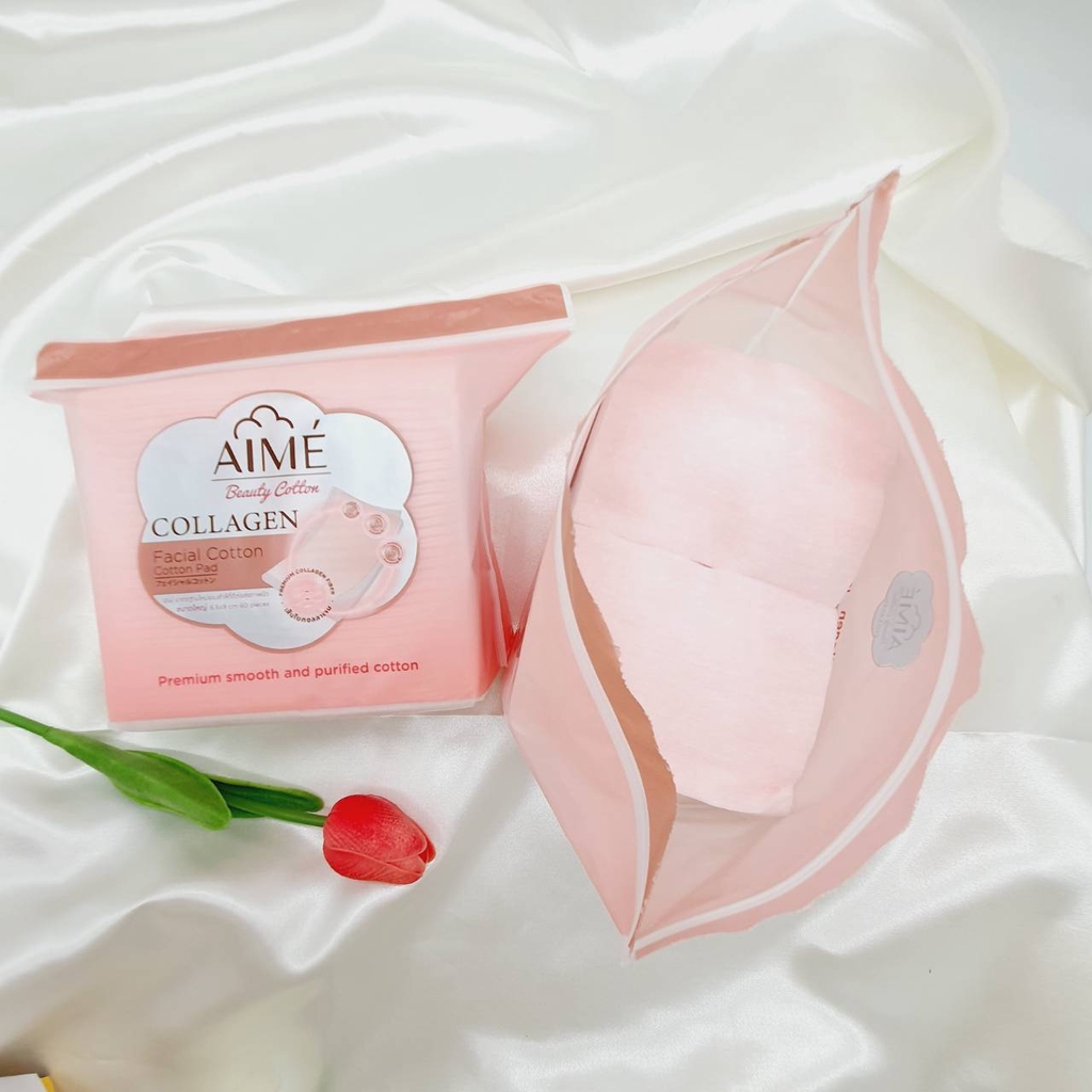 aime-collagen-facial-cotton-pad-60-pcs-ผลิตจากใยฝ้ายธรรมชาติที่มีส่วนผสมของคอลลาเจน