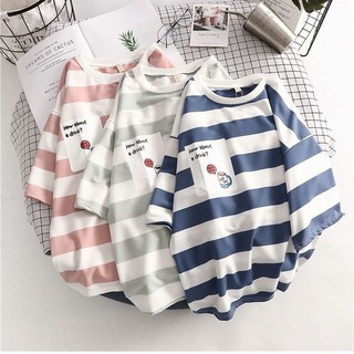 เสื้อยืดแขนสั้น ลายทาง ขนาดใหญ่ สไตล์เกาหลี สําหรับผู้หญิง: สีชมพู, XL