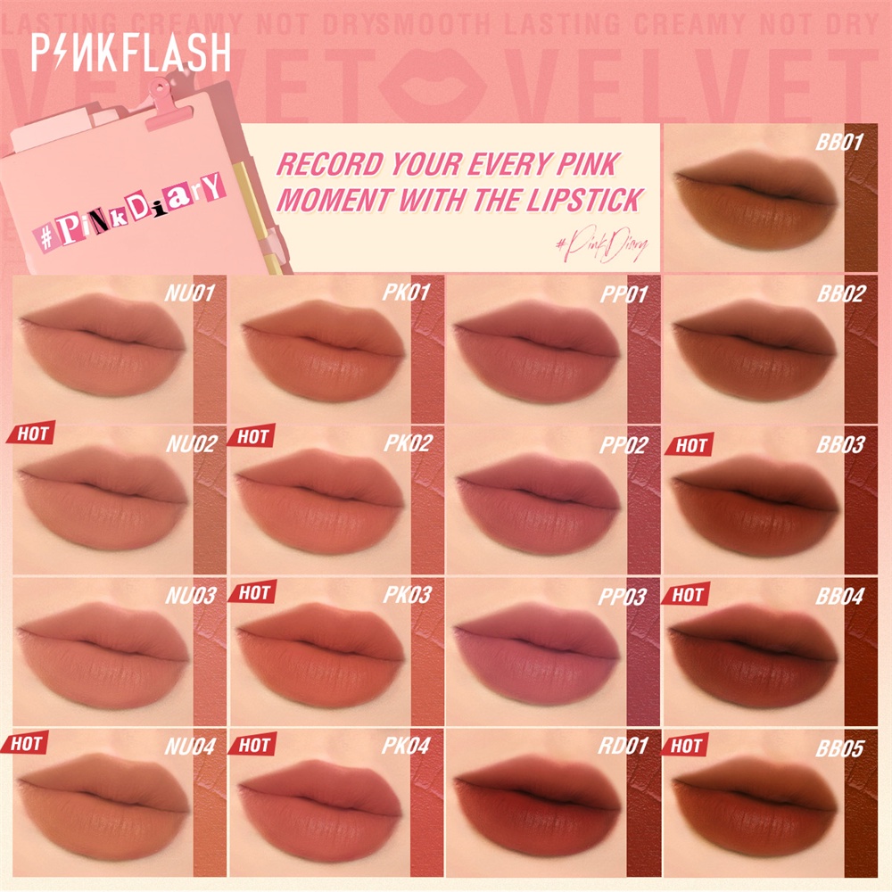 มุมมองเพิ่มเติมของสินค้า Pinkflash ลิปสติก เนื้อแมตต์กํามะหยี่ 17 สี ติดทนนาน