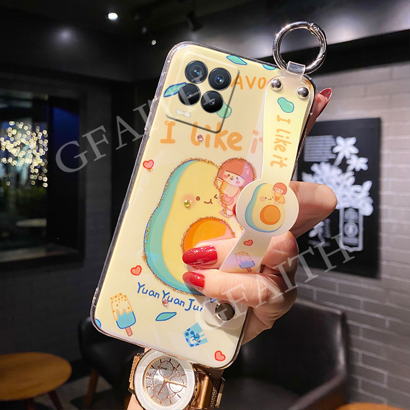 2021-new-เคสโทรศัพท์-realme-c21-realme-8-4g-realme8-5g-casing-with-wristband-mobile-phone-bracket-softcase-fashion-luxury-rhinestone-bling-glitter-lovely-cartoon-avocado-peach-back-cover-phone-case