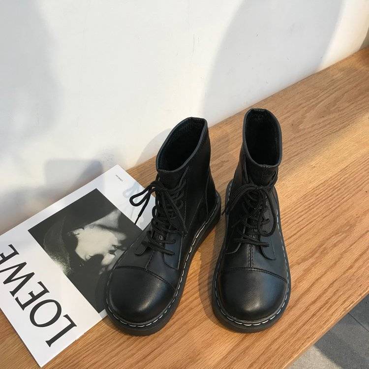 รองเท้าบูทมาร์ตินเก๋-ๆ-หญิงเทรนด์อังกฤษอินก้นแบน-2019-ใหม่รองเท้าบูทสั้นหัวกลม