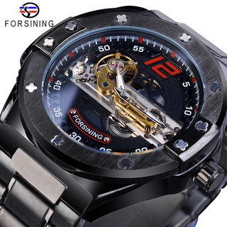 Forsining Transparent Automatic Men Watch Golden Bridge Mechanical Black Stainless Steel Band Skeleton Watches Relogio M