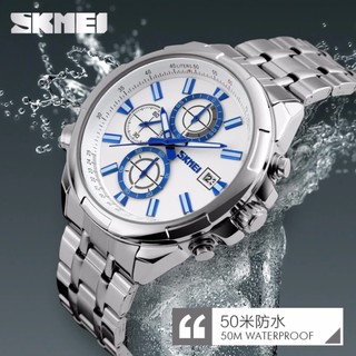 SKMEI 9107 นาฬิกาข้อมือผู้ชาย ระบบอนาล็อก โคโนกราฟ สายสแตนเลส สไตส์สปอร์ตสุดเท่ห์