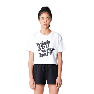 เสื้อยืดผ้าฝ้าย 100%DBGS เสื้อครอปผู้หญิง ทรง Oversize สีขาว พิมพ์ลาย Wish you were hereS-3XL