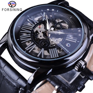 Forsining 2018 Fashion Full Black Openwork Watches Mens Mechanical Wristwatches Top Brand Luxury Genuine Leather Belt Ma