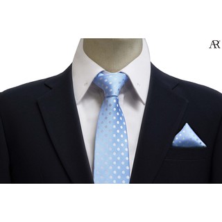 ANGELINO RUFOLO Set Necktie(เนคไท)+Pocket Square(ผ้าเช็ดหน้าสูท) ผ้าไหมทออิตาลี่คุณภาพเยี่ยม ดีไซน์ Polka Dot สีฟ้า/เทา