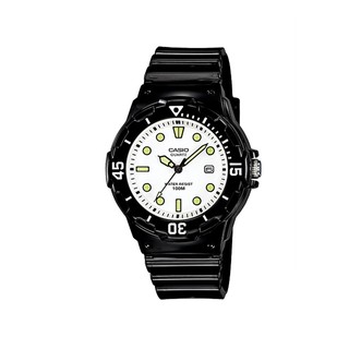 LRW-200H-7E1 Casio Ladies นาฬิกาข้อมือสายเรซิ่นสีดำ หน้าปัดขาว สายเงา