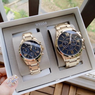 (ผ่อน0%) นาฬิกาคู่ สีทอง หน้าปัดสีดำ Fossil BQ2400SET His and Her Chronograph Gold-Tone Stainless Steel Watch Gift Set