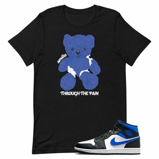 เสื้อยืดวินเทจMan T-Shirt for Air Jordan 1 Mid Racer Blue White Hyper Game Royal Black Smile เสื้อยืดแขนสั้นผู้ชายสไตล์เ