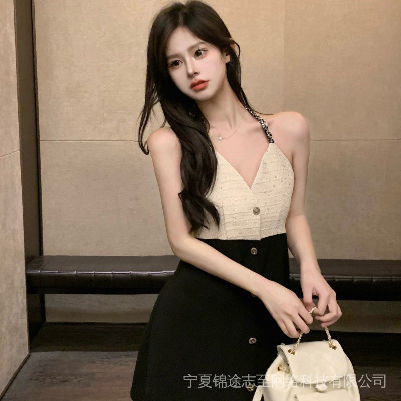 nini-new-season-sweet-and-spicy-style-waist-tight-stitching-button-niche-new-lace-up-neck-dress-elegant-v-neck-short-dress-for-summer-women