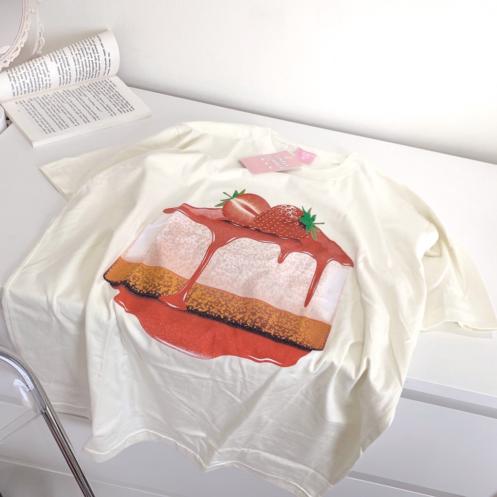 s134-เสื้อยืด-oversize-ผ้าคอตตอน-สไตล์-minimal-สกรีน-strawberry-cheesecake