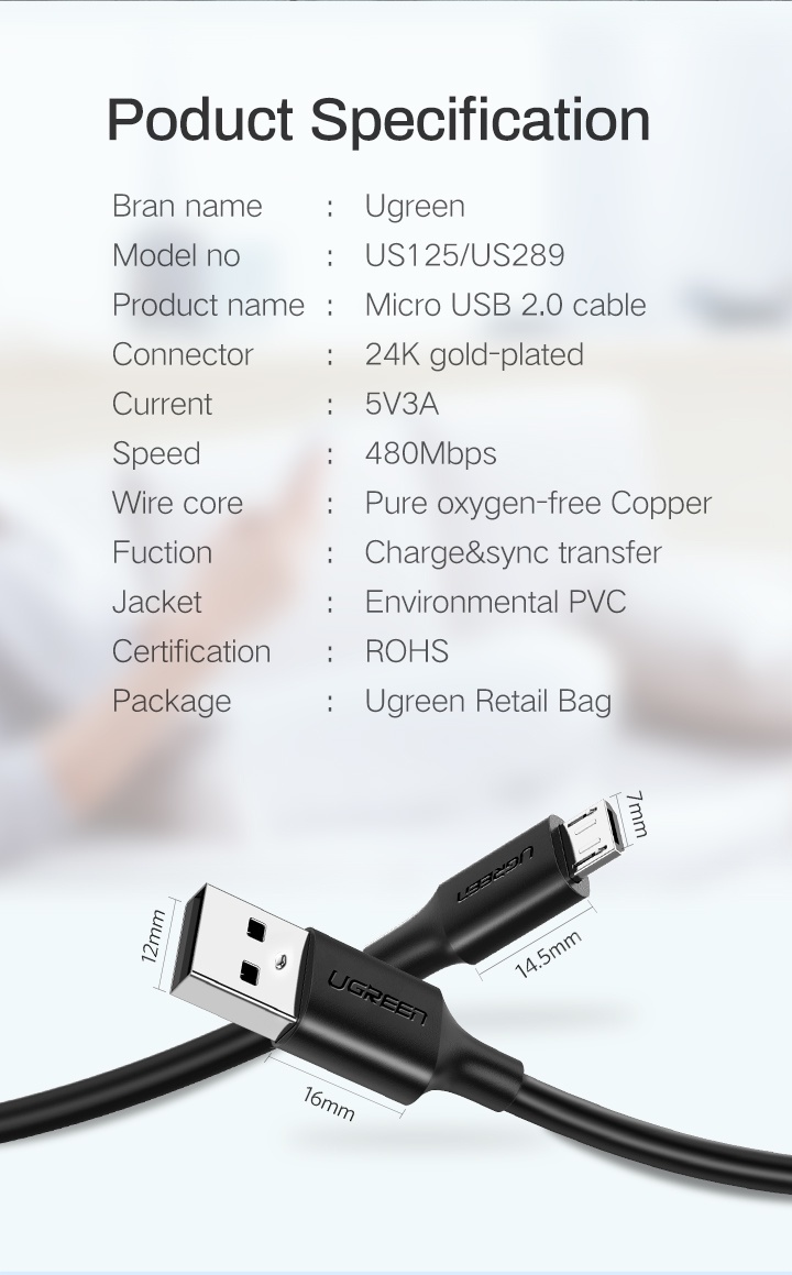 รูปภาพเพิ่มเติมของ Ugreen สายชาร์จ Micro USB สําหรับโทรศัพท์ Android ความยาว 25 ซม. - 300 ซม.