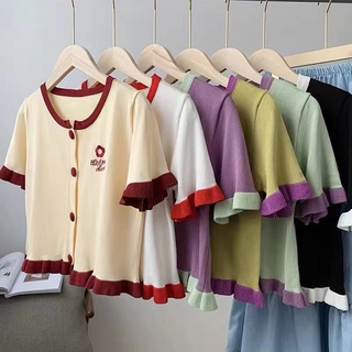 best(พร้อมส่ง/N235)2021เสื้อสเวตเตอร์แขนสั้นลายปักสไตล์ฮ่องกงเสื้อยืดผู้หญิงฤดูร้อน