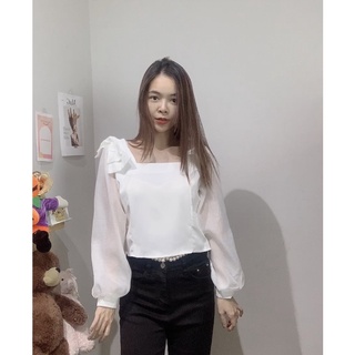 🍬 Ayla top 🍡🍬เสื้อแต่งแขนผ้าแก้ว คอเหลี่ยมเย็บ แต่งโบว์ช่วงไหล่2ข้าง งานซิปเก็บข้าง อก 32-36