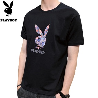 [S-5XL] Playboy เสื้อยืดแขนสั้นผ้าฝ้ายแท้ทรงหลวมแฟชั่นเกาหลีสำหรับผู้ชาย