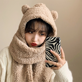 หมวกผ้าพันคอ ผ้ากํามะหยี่ขนนิ่ม แต่งหูหมีน่ารัก ให้ความอบอุ่น สไตล์เกาหลี และญี่ปุ่น เหมาะกับฤดูใบไม้ร่วง และฤดูหนาว สําหรับผู้หญิง