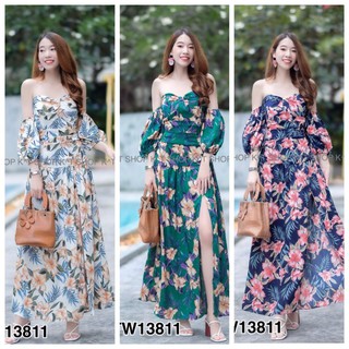 🏤🏪🏤🏪Maxi Dress ปาดไหล่แขนตุ๊กตาลายดอกไม้🏪🏤🏪🏤