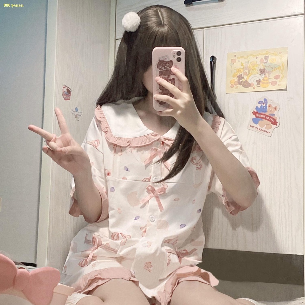 จัดส่งทันที-pink-bow-pajamas-women-s-2022-new-short-sleeves-shorts-cute-homewear-set