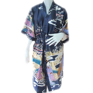 เสื้อคลุม สไตล์กิโมโนลาย เกอิชา (ผู้หญิงญี่ปุ่น) ผ้าซาติน เนื้อนุ่ม สวยสด สีน้ำเงิน