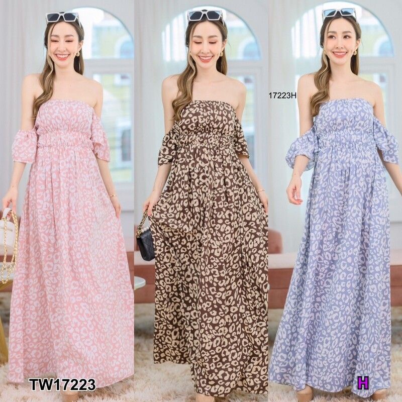 tw17223-ชุดเดรสยาวปาดไหล่-ลายสวยๆ-เสื้อผ้าผู้หญิงน่ารักๆ-สีเทา-ชมพู-น้ำตาล