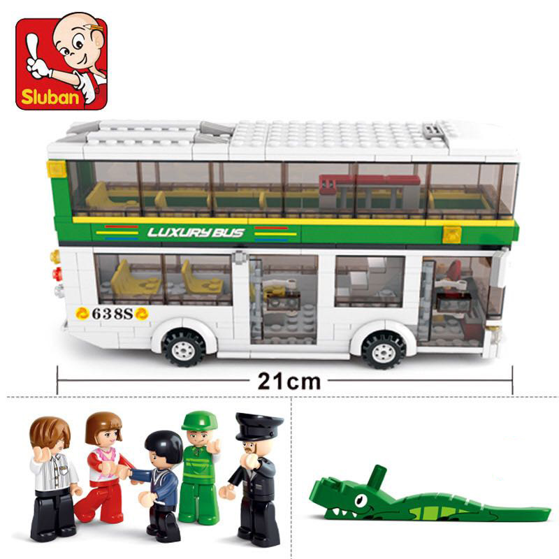 sluban-0331-โมเดลรถบัสสองชั้นสีเขียว-403-ชิ้นพร้อมฟิกเกอร์-3-ตัวเลขของเล่นสําหรับเด็ก
