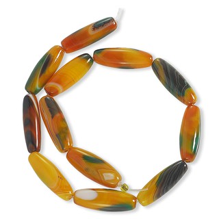 ลูกปัดหินแท้ เม็ดรูปไข่ (Oval) หินโมรา (Agate) 10x30 mm - (LZ-0453 สีเขียว/เหลือง)