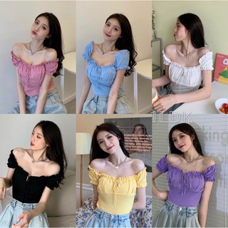 1LDK 🌈 พร้อมส่ง🌈เสื้อครอป ปาดไหล่ แขนสั้น แต่งเชือกรูดผูกหน้า สีพื้น(2769)