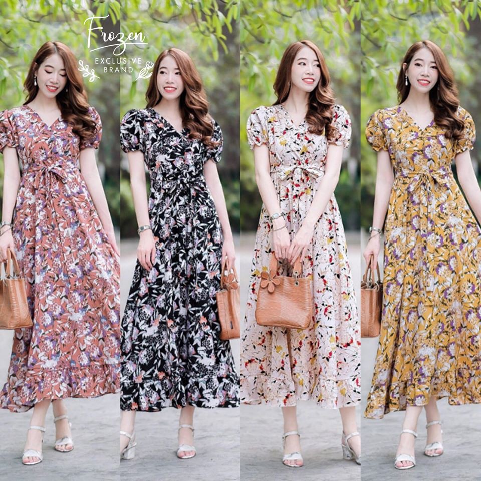 maxidress-แม็กซี่เดรส-แขนตุ๊กตา-ผ้าหางกระรอก-ผูกโบเอว