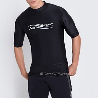 สินค้า ถูกและดี เสื้อว่ายน้ำแขนสั้นกันยูวีสีดำ สกรีนAqua sport รุ่น 14649