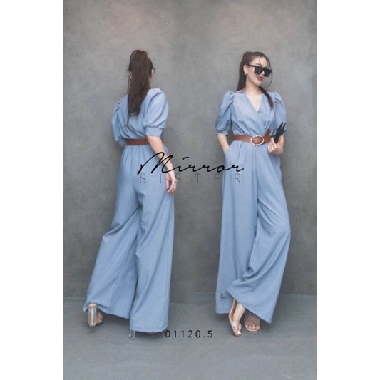 ป้าย-mirrorsister-01120-5-จัมพ์สูทกางเกง-ช่วงบนแขนพองสมอค-อกไขว้-มาพร้อมเข็มขัด