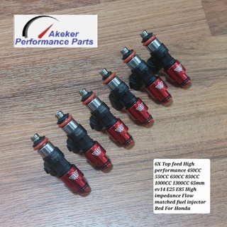 6X Top feed 450CC 550CC 650CC 850CC 1000CC 1300CC 65mm ev14 E25 E85 High impedance fuel injector Red For Honda หัวฉีด