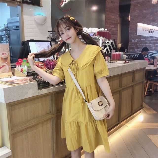 dressทรงยาวแขนตุ๊กตา-แต่งปกสองชั้นเย็บขอบลูกไม้เสริมโบว์ผูก