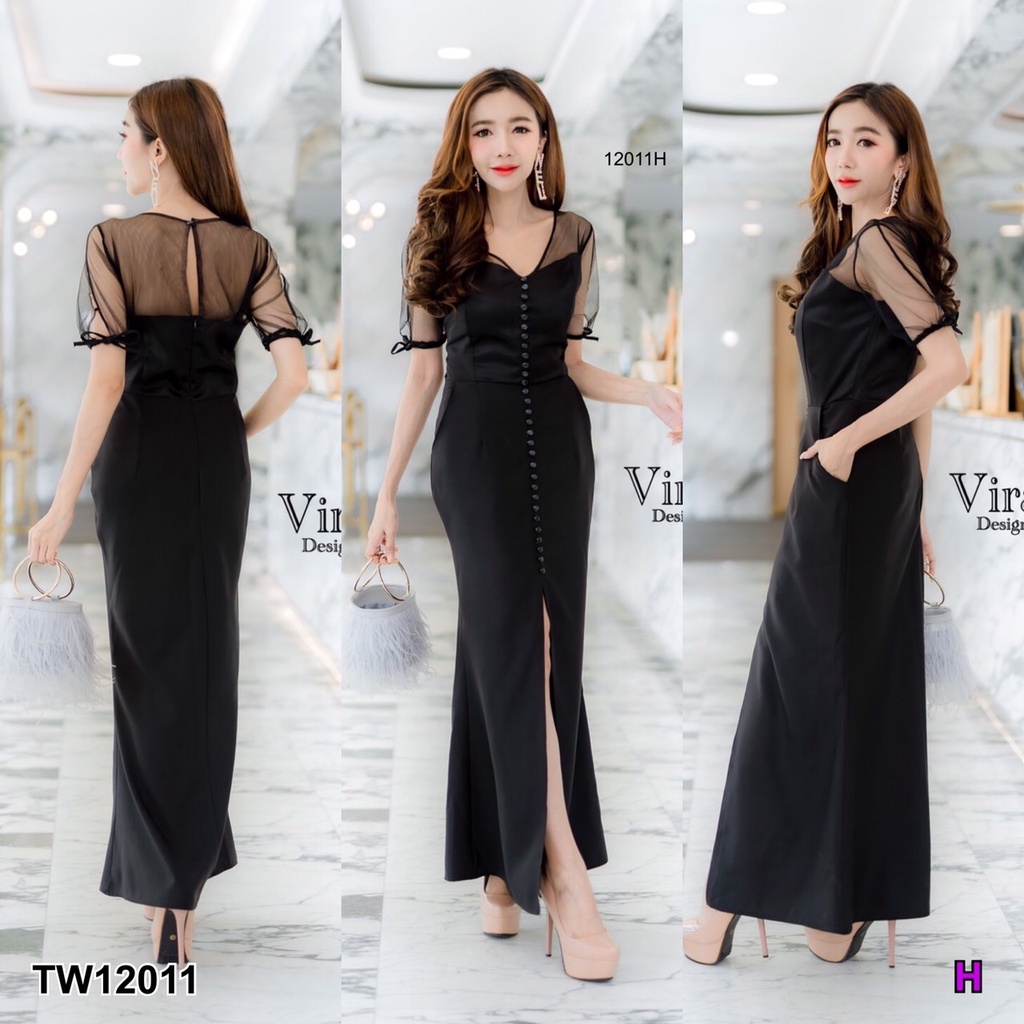 tw12011-maxi-dress-เดรสยาวสีพื้นเนื้อผ้าซาร่า-ช่วงไหล่เป็นผ้ามุ้งซีทรู-แต่งกระดุมเรียงด้านหน้า-ชายกระโปรงผ่าด้านหน้า