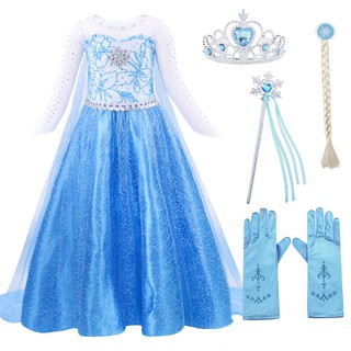 Little Girl Elsa Party Costume Childrens Snowflake Long-sleeved Tulle Dress Christmas Halloween Christmas Birthday Party Cosplay Gift