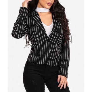 📌DIVIDED black striped jacket blazer suit size 34 แจ็คเก็ต สูทแบรนด์เอชแอนด์เอ็ม สีดำลายริ้ว ทรงสั้นเข้ารูป