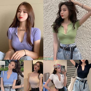 Dahong 💖 เตรียมจัดส่ง เสื้อครอป  ผู้หญิง 4+10 สี  Crop top คอวี เสื้อครอปแขน  3008