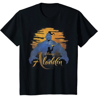 เสื้อยืดผ้าฝ้ายพรีเมี่ยม เสื้อยืด พิมพ์ลาย Disney Aladdin Live Action Genie &amp; Aladdin Sunset Silhouette