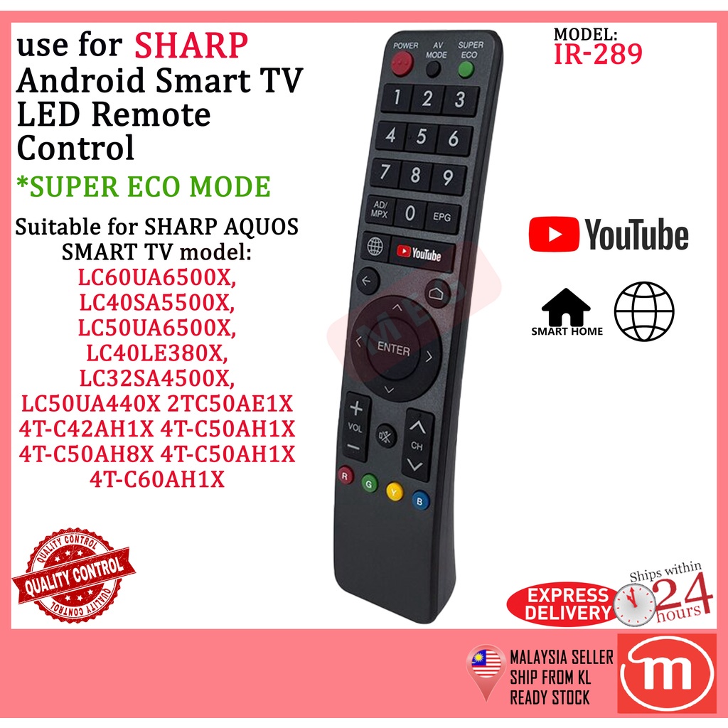 sharp-aquos-สมาร์ททีวี-แอนดรอยด์-รีโมตคอนโทรล-เปลี่ยนทดแทนด้วย-youtube-super-eco-mode-amp-browser-ir-289