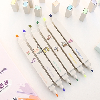 สินค้า ปากกาเน้นข้อความสองหัว ปากกามาร์กเกอร์สีสำหรับนักเรียน ปากกาไฮไลท์เครื่องเขียนสำหรับนักเรียนที่สร้างสรรค์
