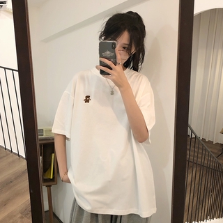 เสื้อยืดสีขาว[MISS SUMEY] เสื้อยืดการ์ตูนคอกลมแขนสั้นสไตล์เกาหลีสำหรับผู้หญิง