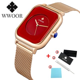 สินค้า WWOOR นาฬิกาแฟชั่นผู้หญิงระบบควอทซ์สแตนเลสนาฬิกาตาข่ายผู้หญิงนาฬิกาอนาล็อกกันน้ำ 8873W นาฬิกาข้อมือผู้หญิงโรสโกลด์