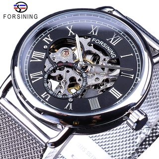 Forsining Fashion Classic Black Silver Skeleton Mechanical Watches for Men Mesh Belt Transparent Case Waterproof Clock M