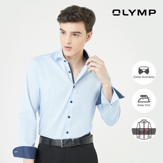 สินค้า [กดติดตามร้านลด 100.-] OLYMP เสื้อเชิ้ตผู้ชาย แขนยาว ทรงพอดีตัว รีดง่าย ผ้าเท็กเจอร์แต่งดีเทล สีฟ้า [LEVEL FIVE]