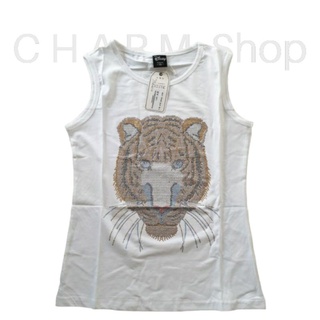 👕เสื้อกล้ามผ้าเด้ง 🐯 รีดเพชรเสือ ขาว