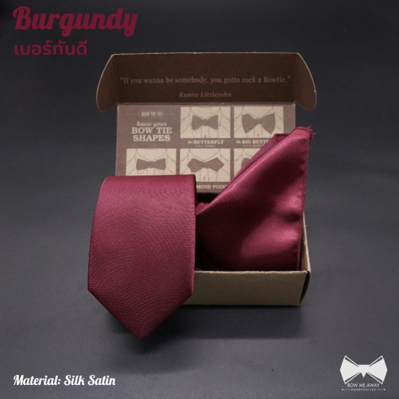 ราคาและรีวิวเซ็ทเนคไท+ผ้าเช็ดหน้าสูทSilk Satinสีเบอร์กันดี-Burgundy Necktie