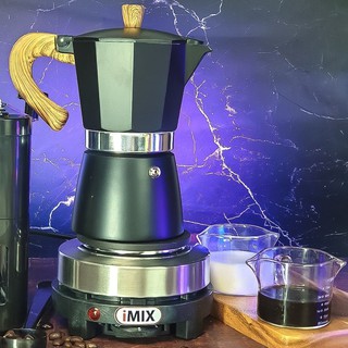 Set Moka Pot แบบสีด้ามลายไม้ 6 Cup + เตาไฟฟ้า iMix 500w