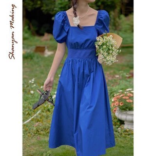 🔥Hot Sale/🌻💞Klein Blue French Puff Sleeve Dress Womens Waist Slim Fit Off-the-Shoulder Long Skirt 2022