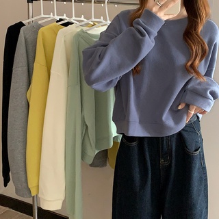 Triple A 💕 Womens short sweater Korean style solid color loose long-sleeved round neck sweater high waist top