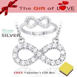 Beauty Jewelry  เซ็ตสร้อย+แหวนอินฟินิตี้ Valentines วาเลนไทน์ เงินแท้ Silver ประดับเพชรสวิส CZ SS2063-RR เคลือบทองคำขาว