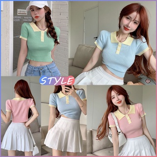 STYLE 🔥พร้อมส่ง🔥39087* เสื้อ ผญแฟชั่น เสื้อแขนสั้นเว้าอก ผ้ายืดนิ่ม สวมใส่สบาย ลายทาง